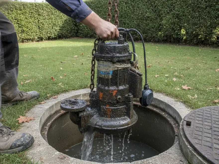 Pompe de relevage eaux usées à Benet : pompe de relevage tenue à deux mains au sortir du regard (illustration)