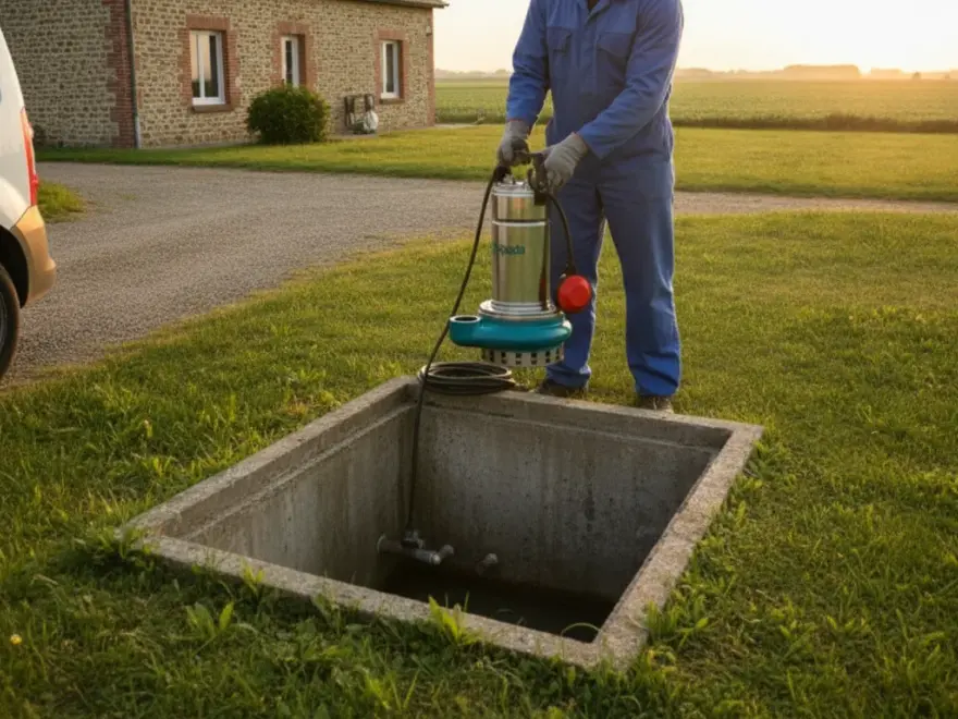 Pompe de relevage eaux usées à Crèvecœur-le-Grand : test de la pompe de relevage hors de la cuve (illustration)