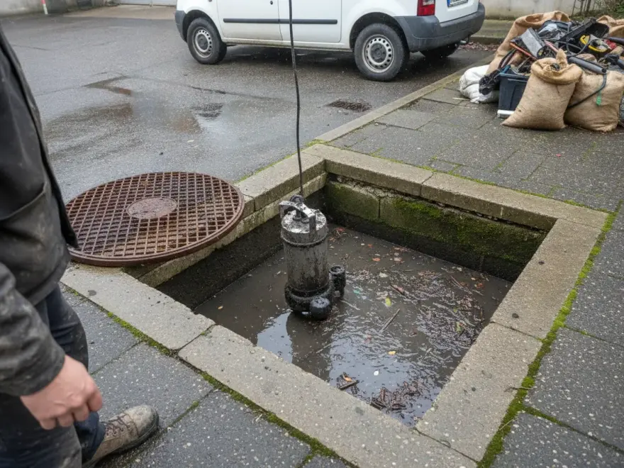 Pompe, clapet et flotteurs dans un poste de relevage (photo de chantier)