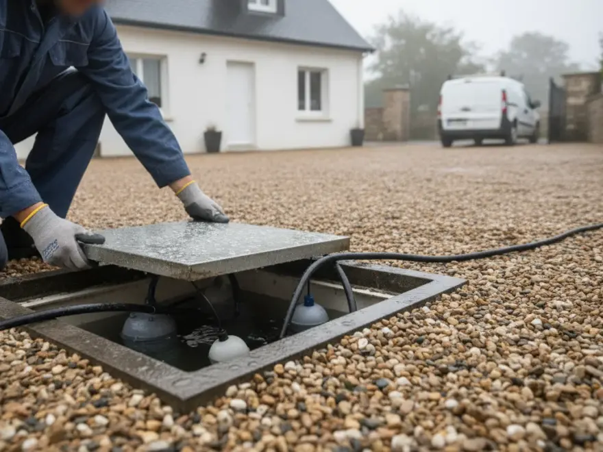 Pompe de relevage eaux usées à Landerneau : ouverture du regard du poste de relevage devant la maison (illustration)