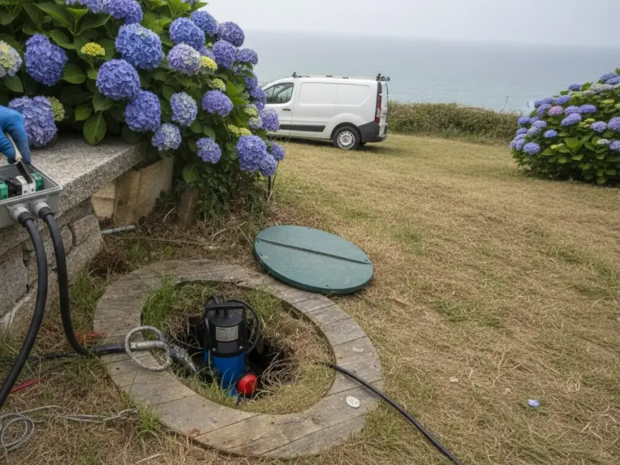 Pompe de relevage eaux usées à Lanester : boîte de raccordement nettoyée près du poste de relevage, bord de mer (illustration)