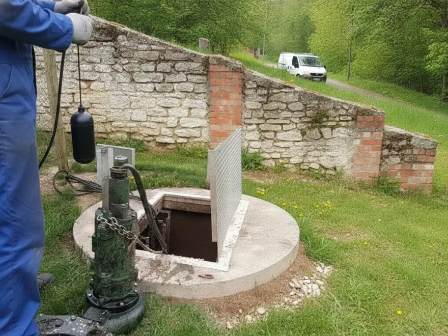 Pompe de relevage eaux usées à Margny-lès-Compiègne : ouverture du regard du poste de relevage devant la maison (illustration)