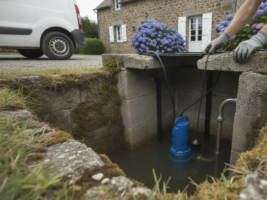 Pompe de relevage eaux usées à Sérent : pompe de relevage tenue à deux mains au sortir du regard (illustration)