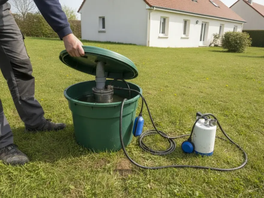 Pompe de relevage eaux usées à Sèvremont : ouverture du regard du poste de relevage devant la maison (illustration)